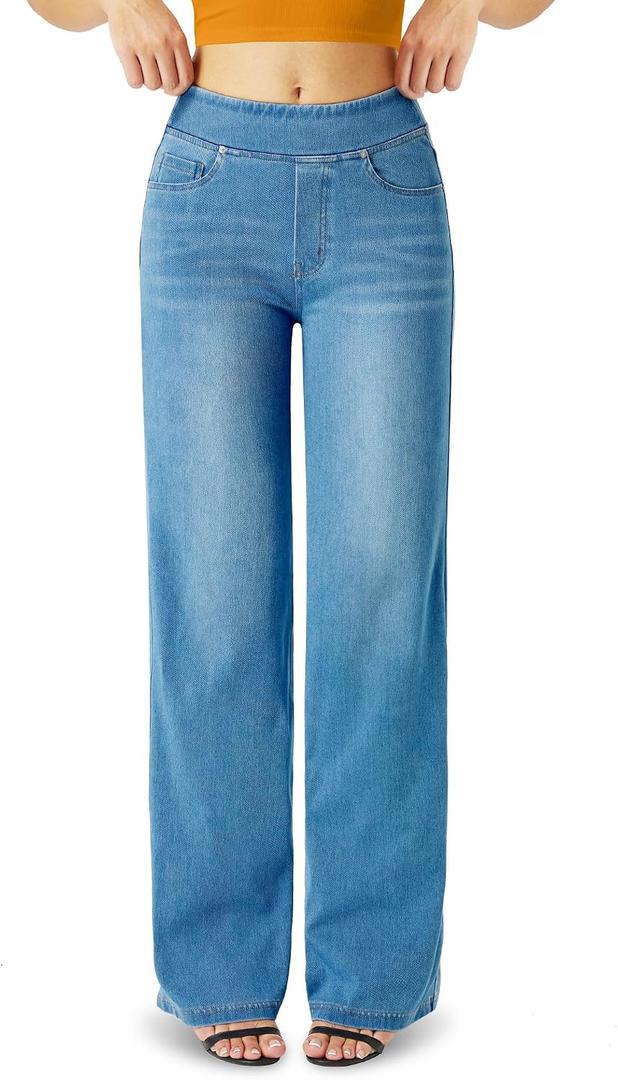 High Waisted Straight Leg Jeans for Women，Stretch Knit Denim Wide Leg Pants Relaxed Fit Boyfriend Jeans with Pockets