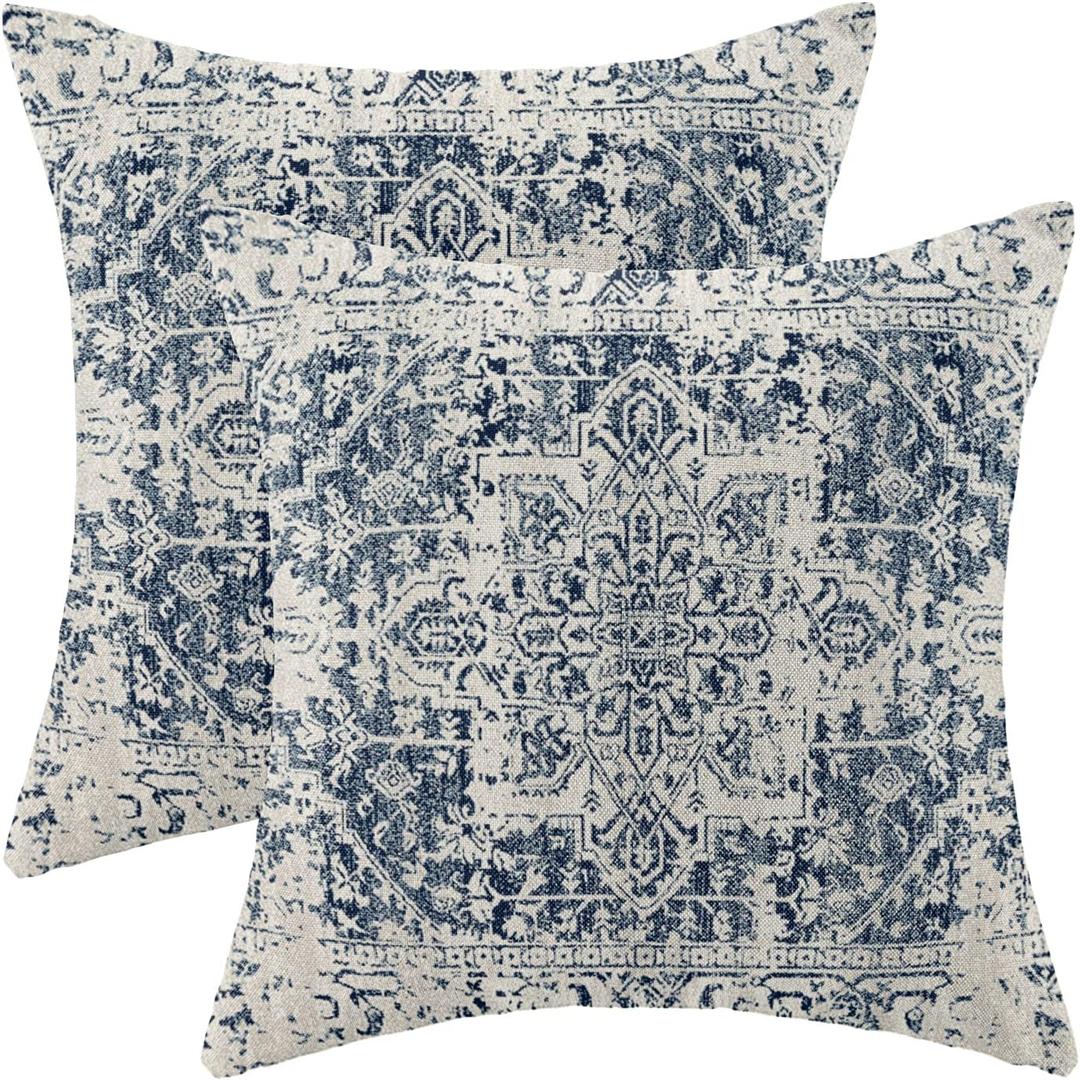 Boho Pillow Covers 16x16 Set of 2, Ethnic Design Decorative Throw Pillows Linen Blue Carpet Pattern Farmhouse Cushion Pillow Covers for Sofa Couch Outdoor Decor