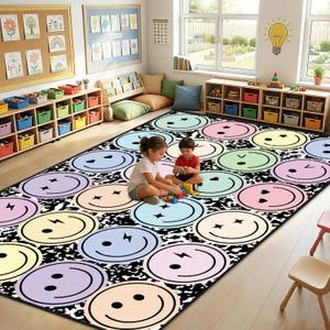 7.6x12 ft Large Smile Face Classroom Rug Composition Notebook Educational Area Mat Pastel Happy Face Play Carpet Back to School Learning Mat for Preschool Playroom Nursery Kindergarten(Smile)