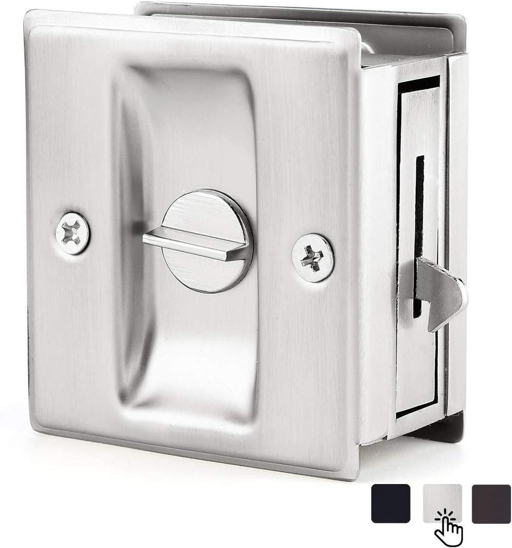 HOMOTEK Privacy Pocket Door Lock Hardware with Pull - Replace Old Or Damaged Sliding Door Locks Quickly and Easily, 2-3/4x2-1/2, for 1-3/8 Thickness Door, Brushed Nickel