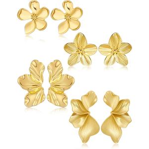 Gold Flower Statement Earrings for Women, 14K Gold Plated Large Irregular Leaf Floral, Big Chunky Dangle Earrings Set