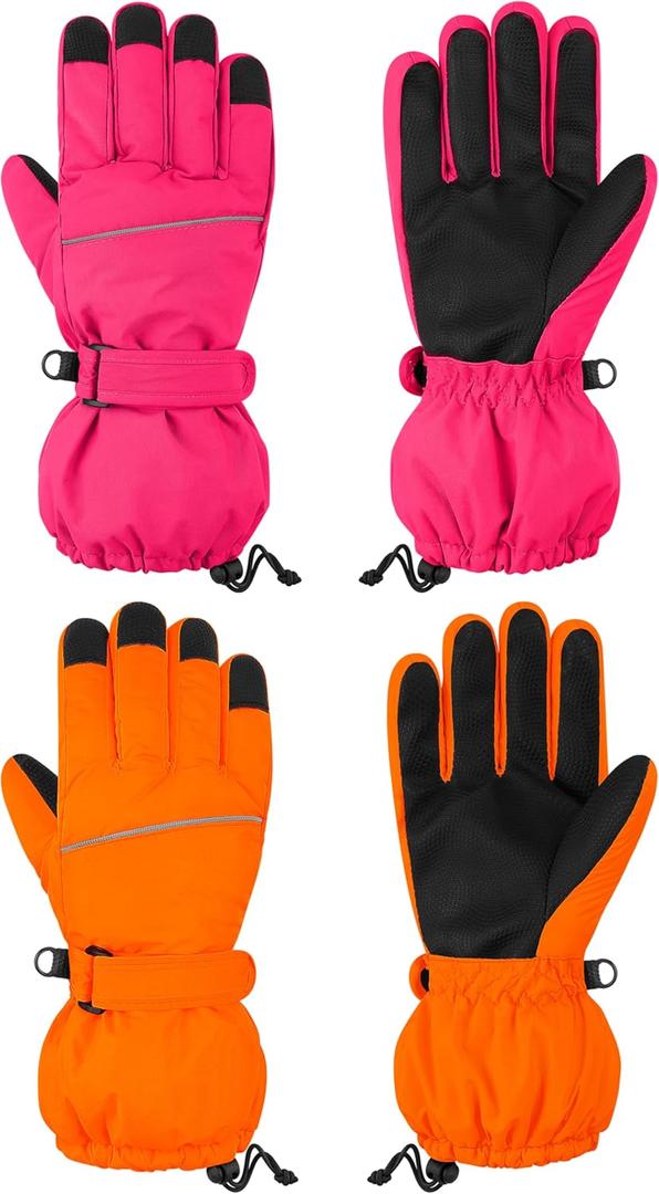Cooraby 2 Pairs Kids Snow Ski Gloves Winter Waterproof Warm Gloves for Boys Girls Cold Weather Outdoor (6-8 Years, Orange, Hot Pink)