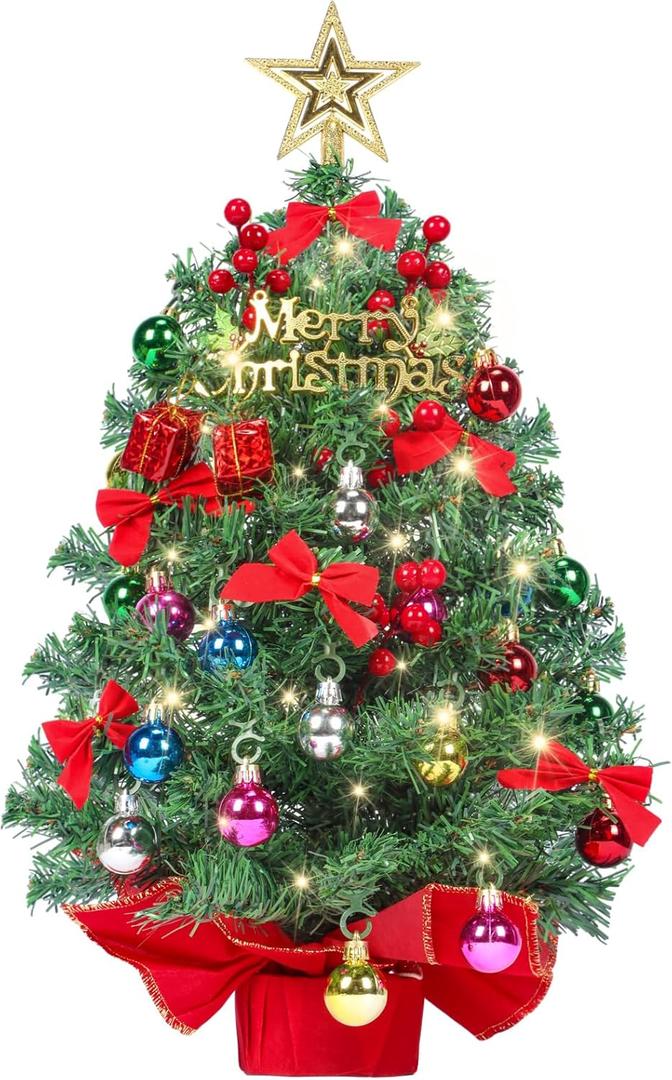 HMASYO Small Christmas Tree with Lights and Ornaments, 22 Inch Green Tabletop Mini Christmas Tree with Light, Star Topper, DIY Artificial Table Top Xmas Tree for Holiday Indoor Home Decoration