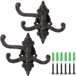 2 Pcs Vintage Cast Iron Wall Hooks Wall Mounted Rustic Metal Towel Hook Heavy Duty Hooks 3 Swing Arm Swivel Coat Hook for Coat Shoe Towel(Brown)