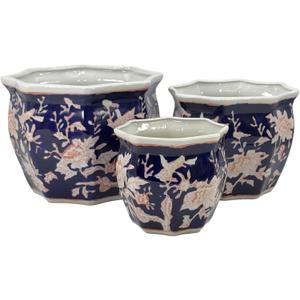Galt International Blue & Pink Round Fluted Floral Porcelain Ceramic Plant Flower Planter Pot Set of 3 (7.5", 10", 13") Garden Pots Chinese Asian Design