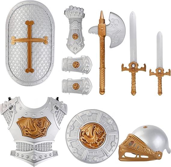 Liberty Imports Medieval Knight in Shining Armor, Kids Crusader Pretend Role Play Plastic Costume Dress Up Cosplay with Toy Swords, Axe, Shield, Weapons & Accessories Playset