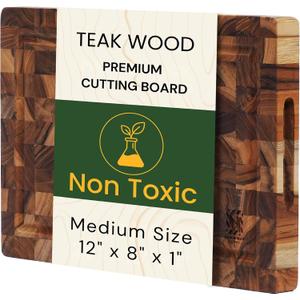 Premium End Grain Teak Cutting Board 12" x 8" x 1" with Handle & Juice Groove, Medium Thick Solid Non-toxic Wood Butcher Block for Meat, Fruit, Cheese & Kitchen Prep by New M Way
