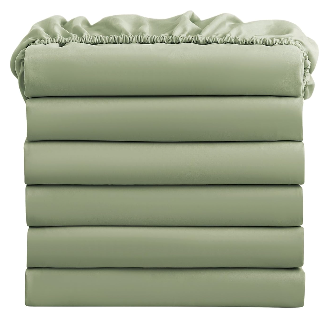 FreshCulture Twin Fitted Sheets, Bulk Pack of 6, Deep Pocket, Soft Microfiber Bottom Sheets for Home, Salons, Hotels, Twin Size Fitted Sheets Only (Sage Green)