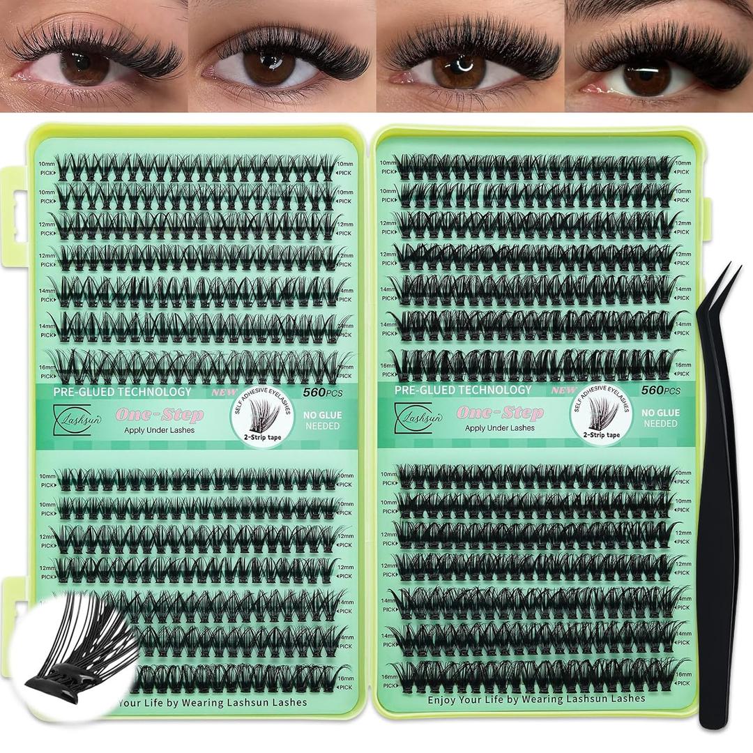Self Adhesive 560pcs Big Volume Lash Book Natural Soft Lashes Clusters Kit, Individual Eyelashes with Mixed Length 10-16mm,No Glue Needed DIY Eyelashes Extension at Home Including Tweezers