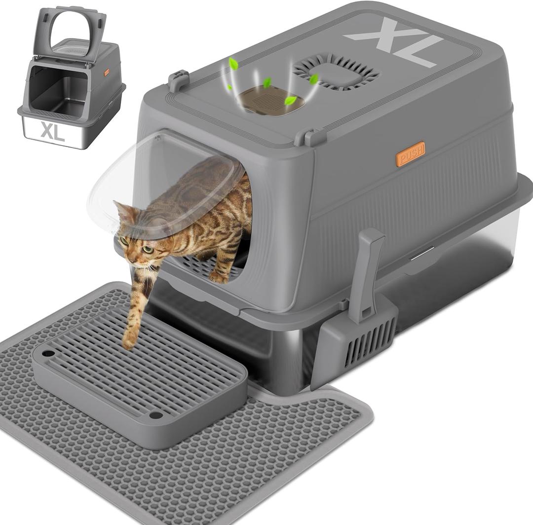 Anywish Stainless Steel Cat Litter Box with Lid, XL Extra Large Enclosed Removable Metal Litter Box with Litter Scoop&Double Layer Litter Mat, Non-Sticky, Non-Odor, for Big Cats Dark Grey