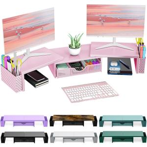 Spacrea Metal Desk Organizers and Accessories, Dual Monitor Stand Riser with Drawer and 2 Pen Holders, Desk Accessories & Workspace Desktop Organizers for Office Supplies (Pink)