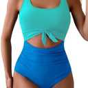 Eomenie Women's One Piece Swimsuit Tummy Control Slimming Bathing Suit Cutout Tie Knot Swimwear, L, Blue Block