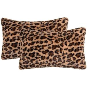 AGOKABA Leopard Print Faux Fur Throw Pillow Covers, 12x20 Inch, Set of 2, Soft Plush Animal Print Decorative Lumbar Cushion Cases for Sofa Bed Chair | Safari-Inspired Decor in Warm Terracotta Brown