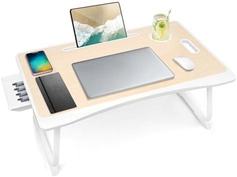 Amaredom Laptop Bed Desk Tray Bed Table, Foldable Portable Lap Desk Notebook Stand Reading Holder with Storage Drawer and Cup Holder for Eating Breakfast on Bed/Couch/Sofa-White Oak