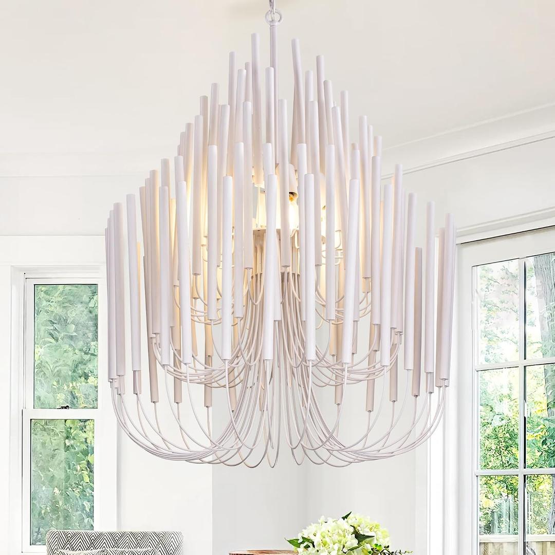 TOCHIC Modern Farmhouse Chandelier for Dining Room 21", Small Vintage White Wood Chandeliers Light for Living Room, Rustic Pendant Lighting Fixture Ceiling Hanging for Foyer Bedroom Entryway