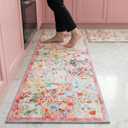 2 x Pink Floral Kitchen Rugs Set of 2 Cute Farmhouse Floor Mats Soft Non Slip Cushioned Washable Kitchen Rugs for Home Entrance Laundry Office Sink Spring Summer Decor, 17 x30 +17 x47