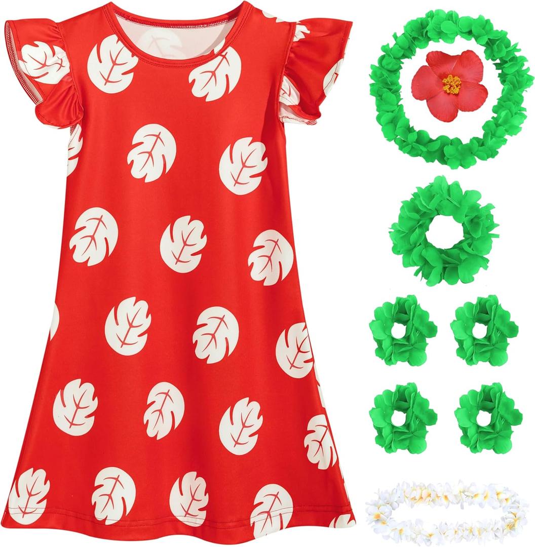 Little Girls Costume Red Leaf Dress Toddler Halloween Cosplay Outfit with Flower Necklace Red Hair Clip (Red)