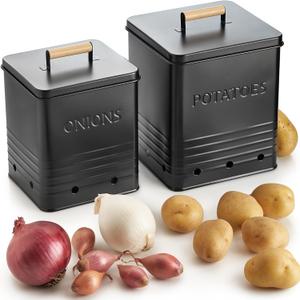 Beautiful Potato and Onion Storage Container Set - Perfectly Sized Spacious Canisters For Your Kitchen Counter Or Pantry - Quality Food Safe Metal Bins Keep Your Produce/Vegetables Fresh Longer (Black)