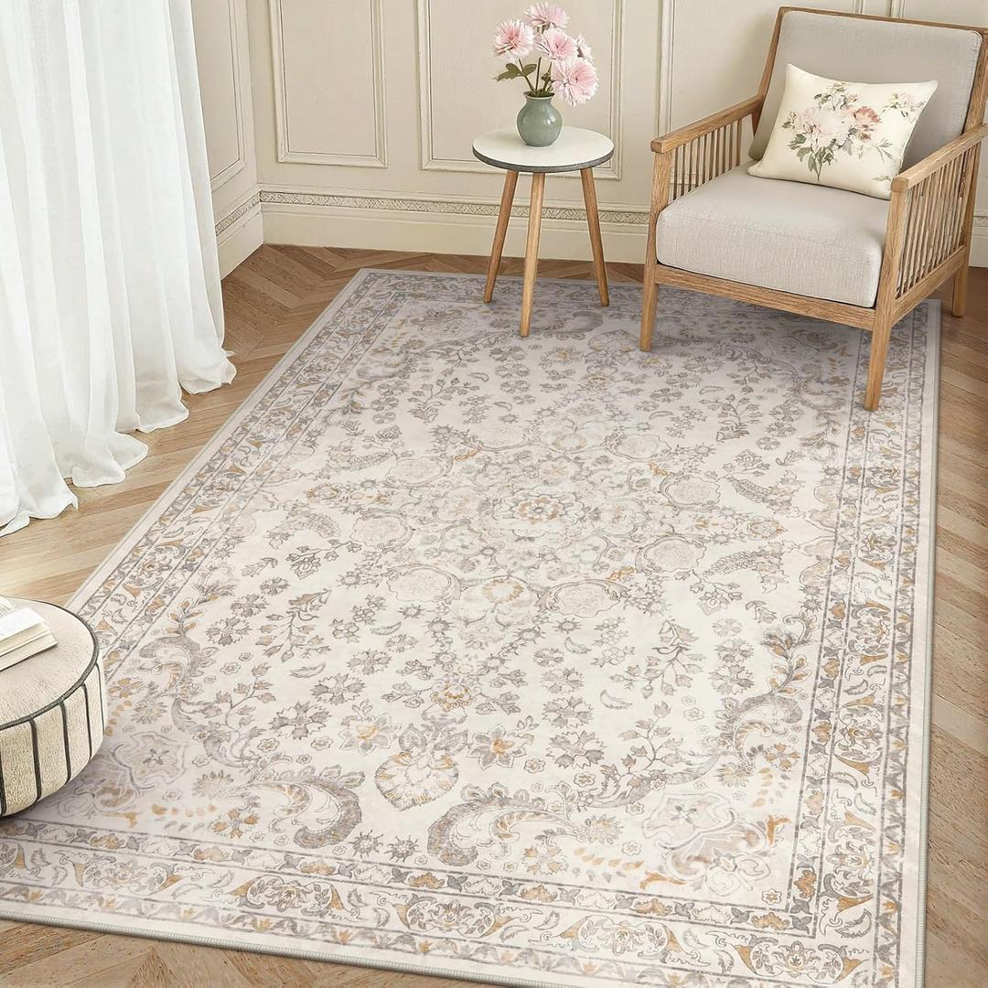 Wonnitar Vintage 5x7 Washable Rug, Neutral Rugs for Living Room Decor, Beige Non Slip Ultra-Thin Soft Boho Floral Room Carpet for Bedroom Nursery Dining Room Farmhouse Office Home Dcor