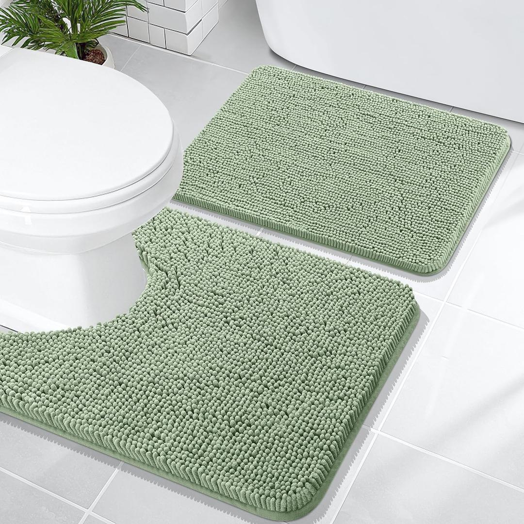 OLANLY Bathroom Rugs Sets 2 Piece, Soft Absorbent Chenille Bath Mats and U-Shaped Contour Toilet Mat Area Rug Set, Machine Washable Bath Carpet, Home Decor Accessories(24"x16"+24"x20", Sage Green)