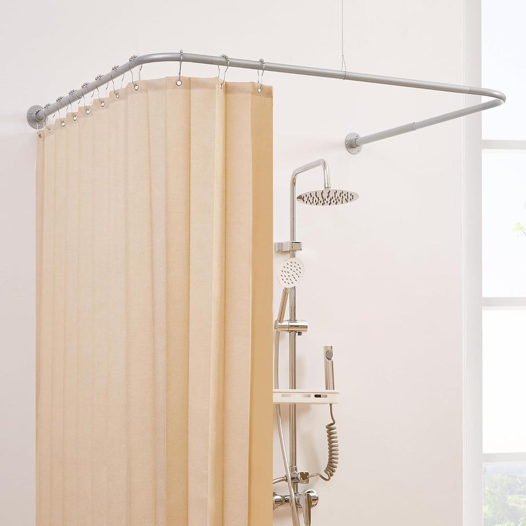 U Shaped Corner Shower Curtain Rod, [Both Sides: 23.6"-52", Middle: 31"-46.7"] Adjustable U Shape Outdoor Curtain Rod for Bathroom with 12 Ring Hooks & Ceiling Support - Silver Gray