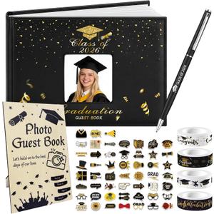8 pcs Graduation Guest Book 2026 Photo Sign Decorations Graduation Sign in Book 80 Pages with Pen Stickers Washi Tape Wooden Stand Signature Scrapbook for College Gifts