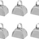 3inch Cowbells Noise Makers, 6Pcs Metal Cow Bells with Handle, Small Loud Bell Bulk Hand Percussion for Sporting Events, Football Games,Party, Concert, Graduations, Farm Ranch, Silver