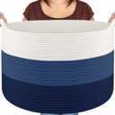 Maliton XXX Large Cotton Rope Blanket Basket, 22" x 22" x 14" Storage Baskets for Organizing, Kids Dog Toy Storage Box Organizer Bins, Blanket Holder for Living Room, Bedroom, Kids Room, Bathroom (White & Blue)