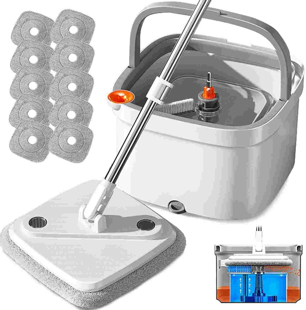 Spin Mop and Bucket Set with Self Separation System 360 Spinning Self-Wringing, Square Clean Mop and Bucket with Wringer-with Replaceable Mop (Light Grey Mop and Bucket Set 10pads)