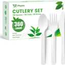 360 Count Compostable Cutlery Set - 150 Forks, 150 Spoons, 60 Knives. Extra Heavy Duty Silverware, Heat Resistant & BPA-Free. Disposable Utensils for Wedding, Party, Daily Use.