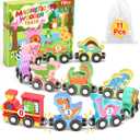 11 Pcs Magnetic Dinosaur Train Set Montessori Toys for 1 2 3 Years Old Toddlers Boys Girls, Wooden Dinosaur Preschool Learning Easter Basket Stuffers Sensory Toys Birthday Gifts Ages 1-3, 2-4