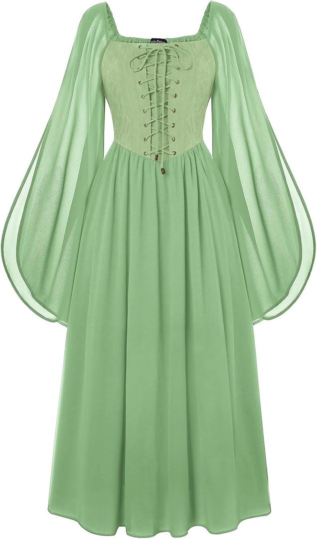 Scarlet Darkness Renaissance Costume Women Pirate Dresses Bell Sleeve Medieval Ren Faire Dress with Pockets Small