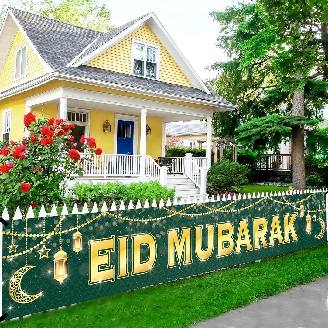 KatchOn, Large Eid Mubarak Banner  120x20 Inch | Green Eid Decorations for Home, Eid Sign, Eid Mubarak Yard Banner, Perfect for Eid al-Fitr Decorations & Eid al-Adha Celebrations