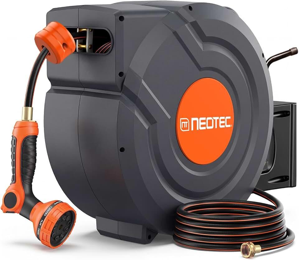 Upgraded Retractable Garden Hose Reel 1/2 inch x 155 ft 9 Pattern Nozzle Heavy Duty Metal Bracket Wall-Mounted Any Length Lock Automatic Slow Return 180° Swivel UV Resistant Hose Reels for Outside