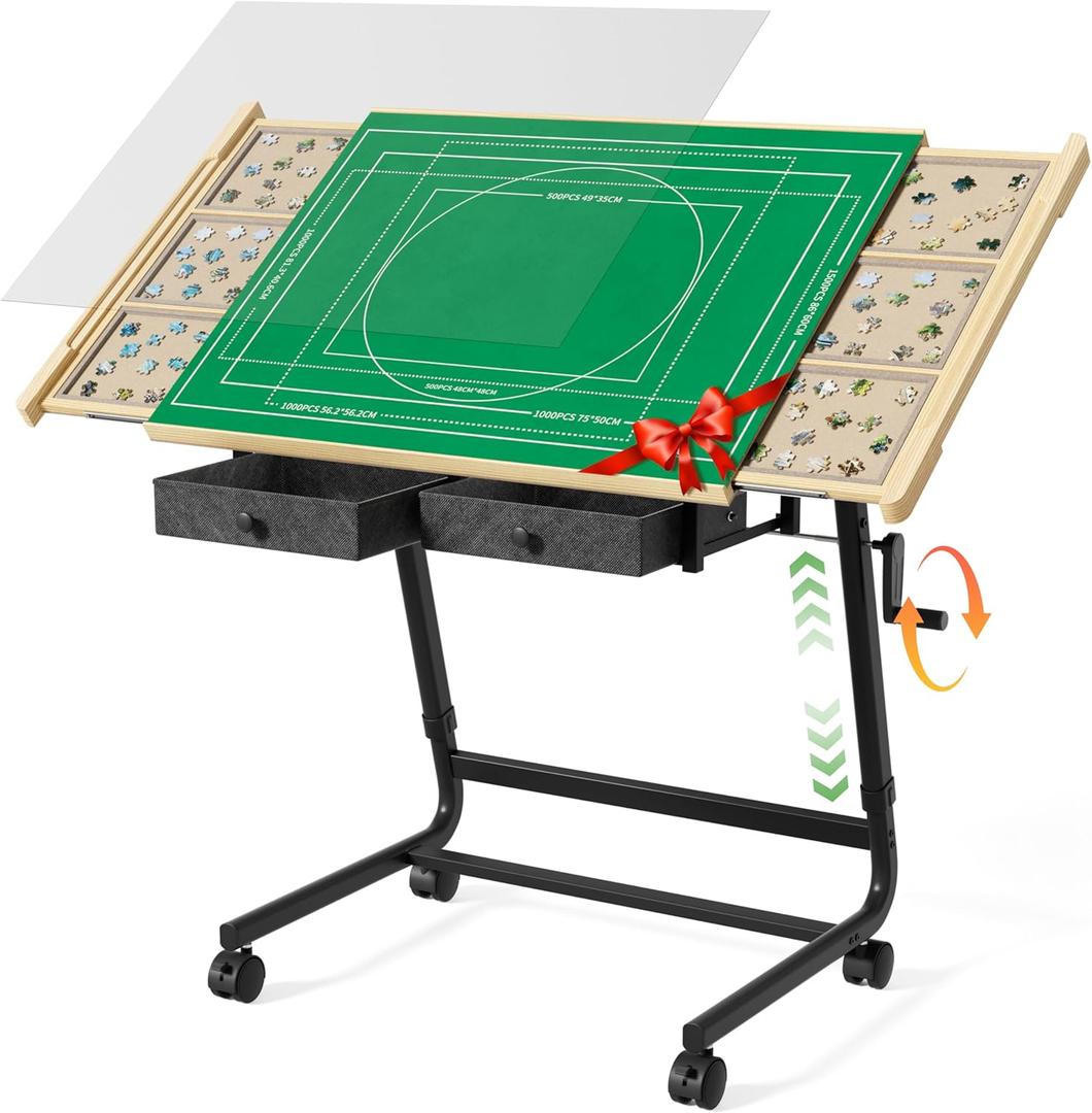 CODACE Puzzle Table with Drawers - 1500 Pieces Jigsaw Puzzles Table for Adults, Hand-Cranked Height-Adjustable Puzzle Tables with Leg, Tilting Puzzle Board with 6 Tray and Cover, Present for Puzzlers