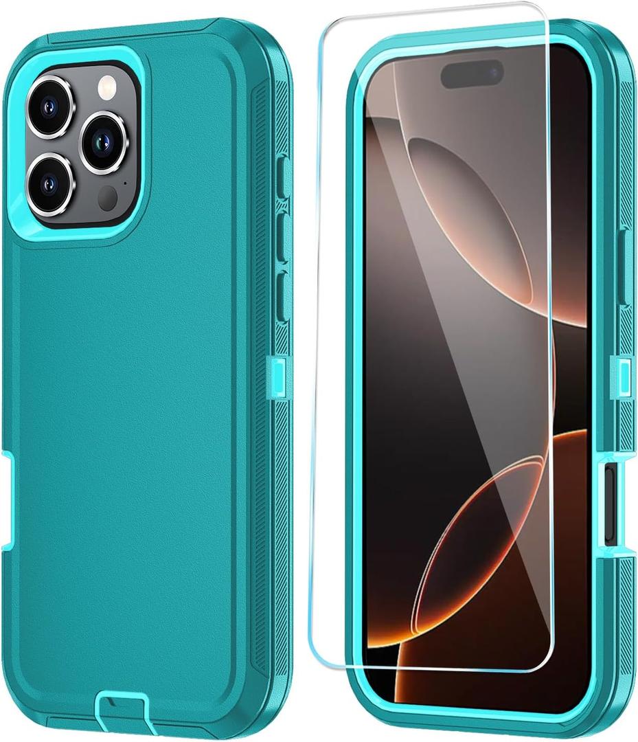2 x Phone Case for iPhone 16 Pro Case with HD Screen Protector, Heavy Duty Shockproof & DustProof & Dropproof 3-Layer Cover Phone Case for iPhone 16 Pro (6.3'') (Lakeblue)