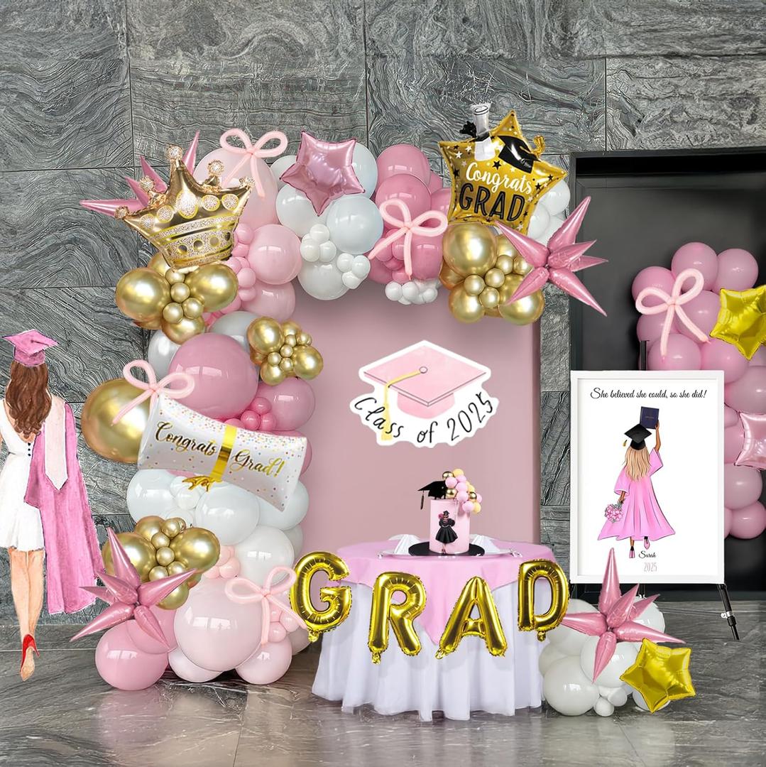 Pink White and Gold Balloon Garland Arch Kit 140Pcs with Pink and gold Stars Graduation Certificate Crown DIY bow for 2025 GRAD Prom coquette Decorations