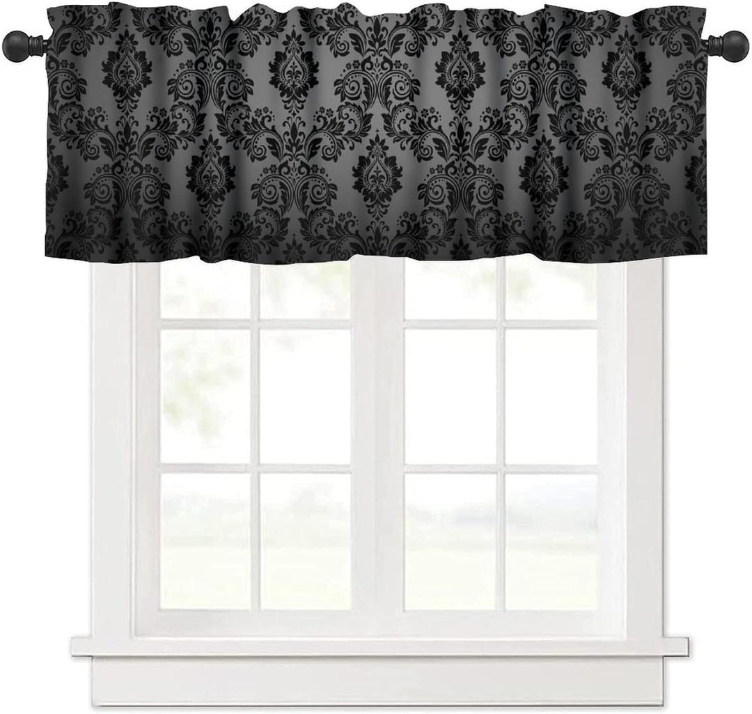 Black Damask Window Curtain Valance, Vintage Gothic Floral Exotic Bohemian Antique Victorian Baroque Valance for Holiday Cottage Kitchen Bedroom Living Room 54x18inch
