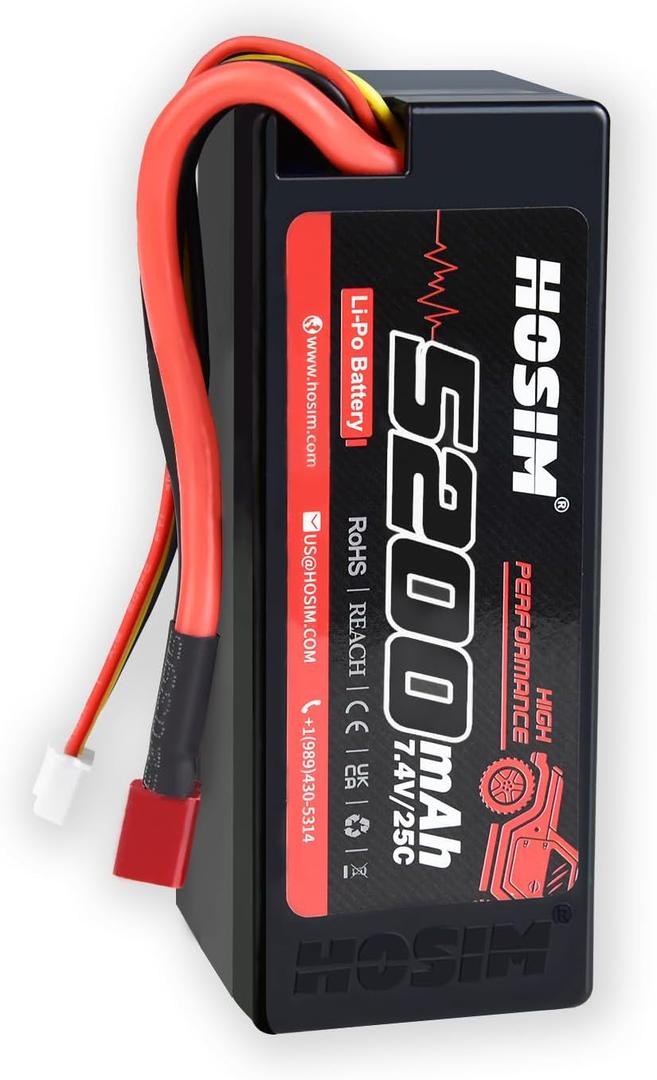 Hosim 2S 7.4V 5200mAh Lipo Battery 25C RC Car Truck RC Vehicles Boat Battery Fit for X08 X07 X07W High Speed RC Cars 1/10 Scale Remote Control Car