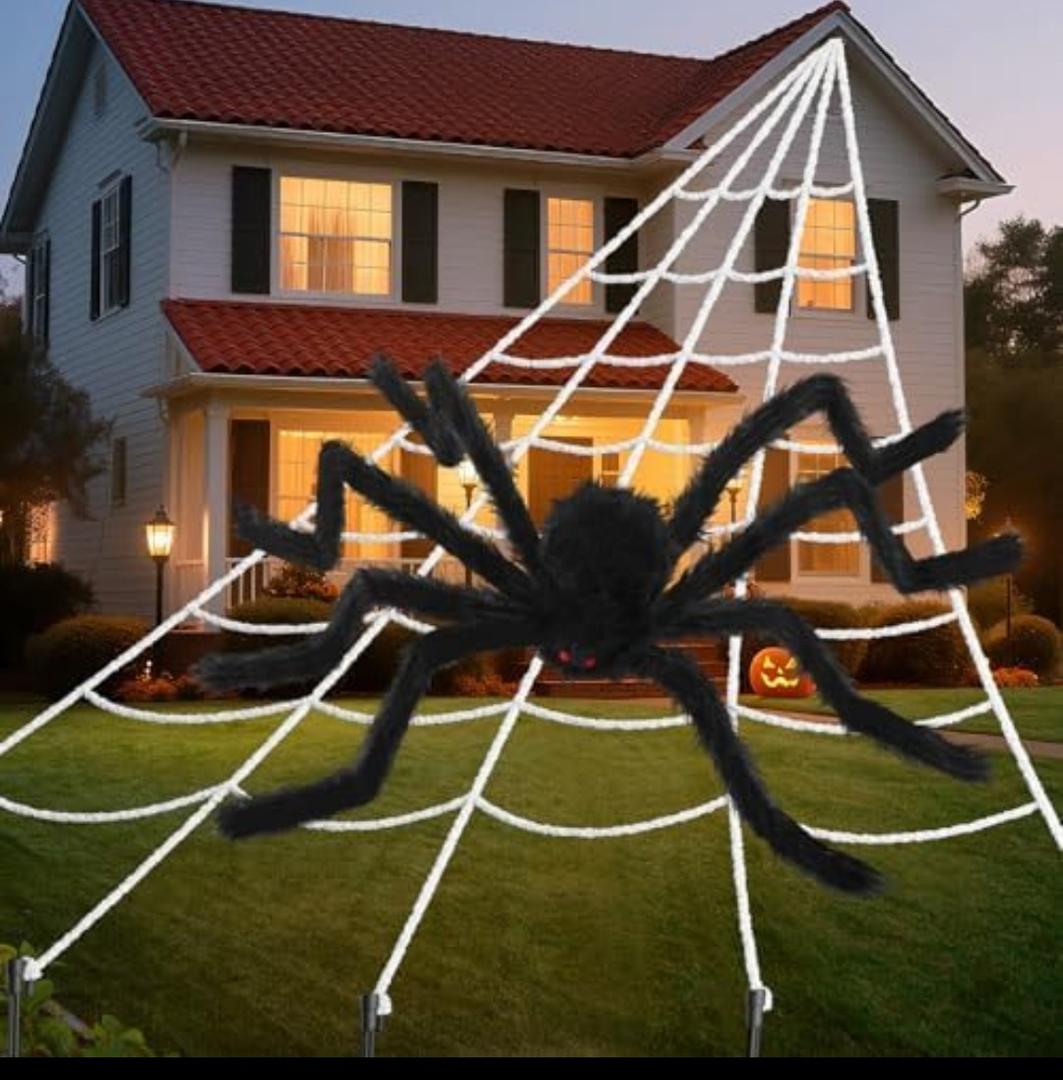 Land Guard 236'' Big Spider Web Halloween Decor+70'' Huge Spider for Roof with Triangular Big Web for on House Outside and Inside