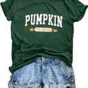 Pumpkin Shirts for Women Cute Thanksgiving Fall Tops Funny Halloween Graphic Tees Autumn Short Sleeve Outfit (Green, XL)