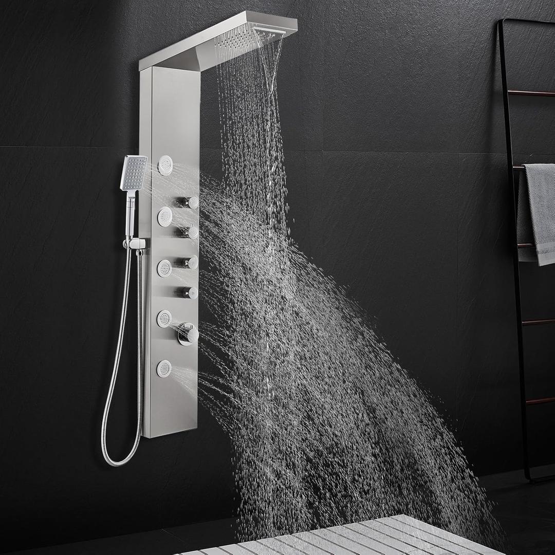 ROVATE Rainfall Waterfall Shower Tower Panel System, 304 Stainless Steel Bathroom Shower Panel Tower with 5 Body Sprays and 3 Sets Handheld Shower, Shower Column Wall Mount, Delicate Brushed Finish