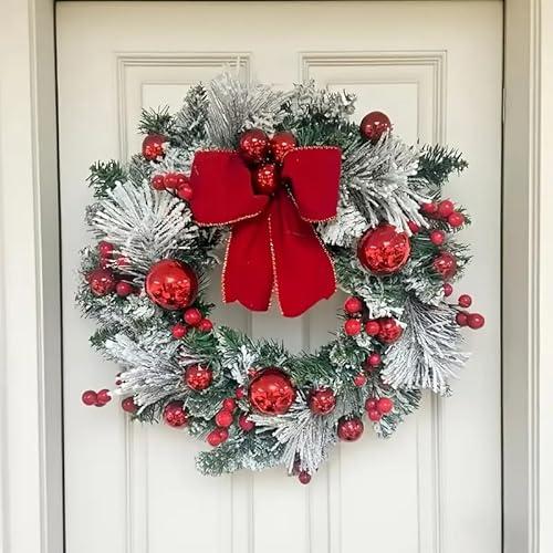 Christmas Wreath with LED Lights, Flocked Pine with Red Ornaments, Snow White and Green, 12 Inch, Indoor Outdoor Holiday Door Decor (1)