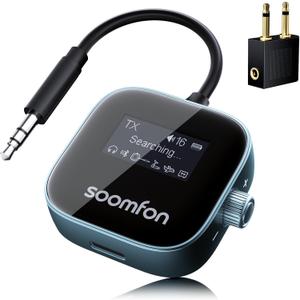 SOOMFON Airplane Bluetooth 5.3 Transmitter for 2 Airpods or Headphones 2-in-1 Airplane Bluetooth Adapter Receiver with LCD Display 3.5mm for Plane Flying Gym Car Home Stereo System