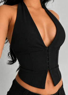 Black halter-neck corset-style top with a deep V-neckline and front hook-and-eye closure, Large