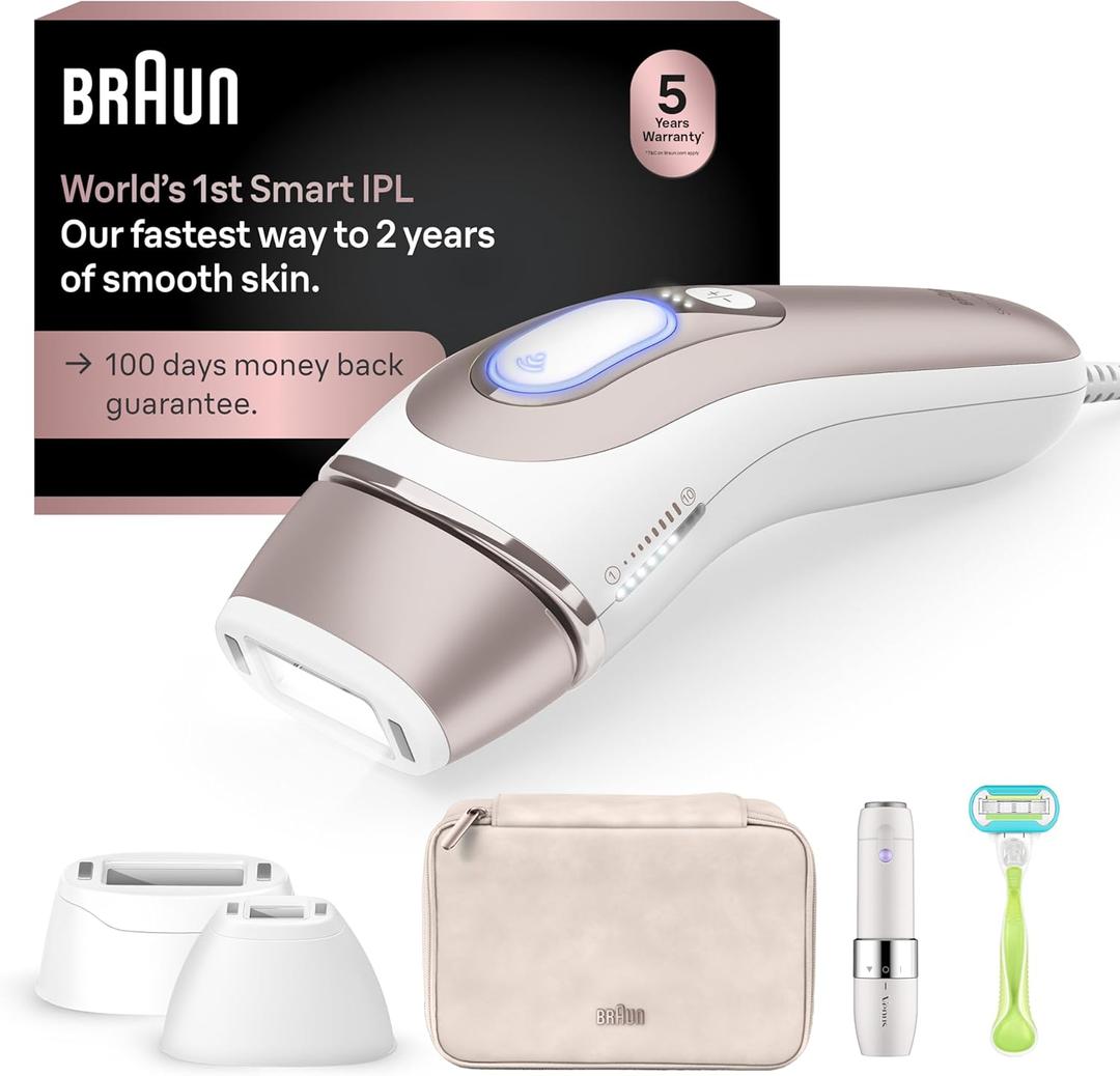 Braun IPL Skin iExpert, at Home Laser Hair Removal, Holiday Gifts for Women and Men with Free App, Smart IPL, Vanity Case, Venus Razor, 2 Smart Heads, Facial Trimmer, PL7219 (White/Bronze New)
