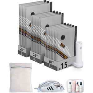 BAGSMART Rechargeable Wireless Pump Travel Storage Bags Set, Portable Space Saver Bags for Travel & Home, Vacuum Compression Seal Bag for Clothing- 15 combo bags (Gray)