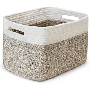 Shelf Woven Storage Basket, 18 x 22 x 9” Closet Rope Baskets For Organizing, Square Bins with Handles, White+Rice Brown 1 Pack