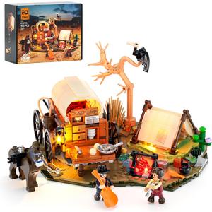 FUNWHOLE Cowboy Camp Lighting Building-Bricks Set - The Old West Shelter with Covered Wagon and Horse 542 Pcs Collection Display Set for Adults and West Lovers