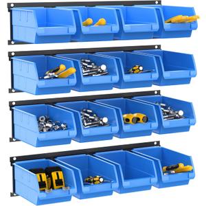 TORACK Wall-Mounted Storage Bins, 16 Plastic Bins for Tools Organization in Garage, Craft Room, and Shop(4-Pack, Blue)